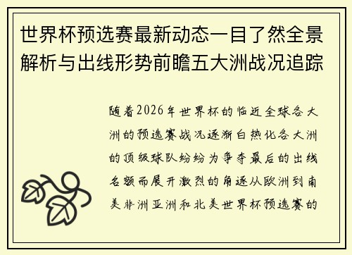 世界杯预选赛最新动态一目了然全景解析与出线形势前瞻五大洲战况追踪